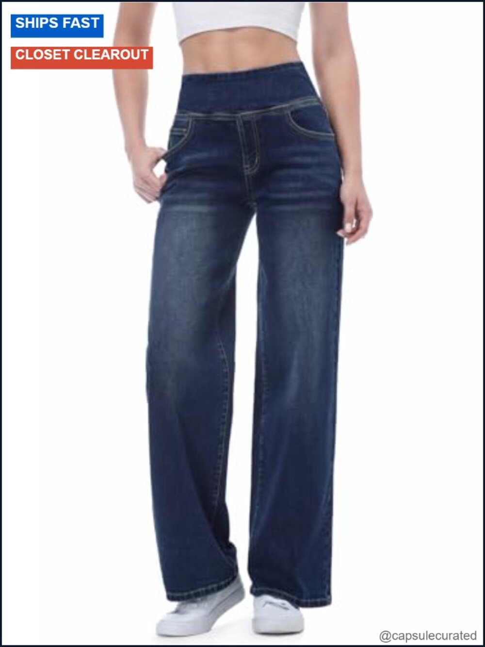 High Waisted Pull On Wide Leg Baggy Jeans Stretchy Tummy Control Denim Pants
